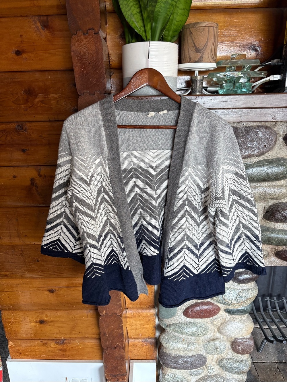 Moth Anthropologie Wool Blend Chevron Open Cardigan Gray Navy Medium L